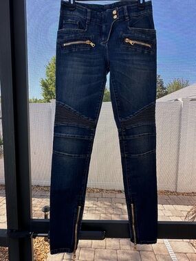 Balmain Paris Dark Blue Moto Skinny Jeans with Gold Zips